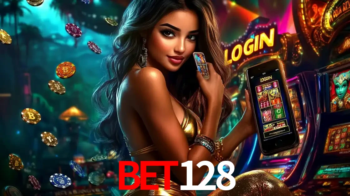 Mulher em um cenário de cassino temático de aventura, mostrando o app de caça-níqueis da bet128 no celular. Fichas de apostas flutuam ao redor.