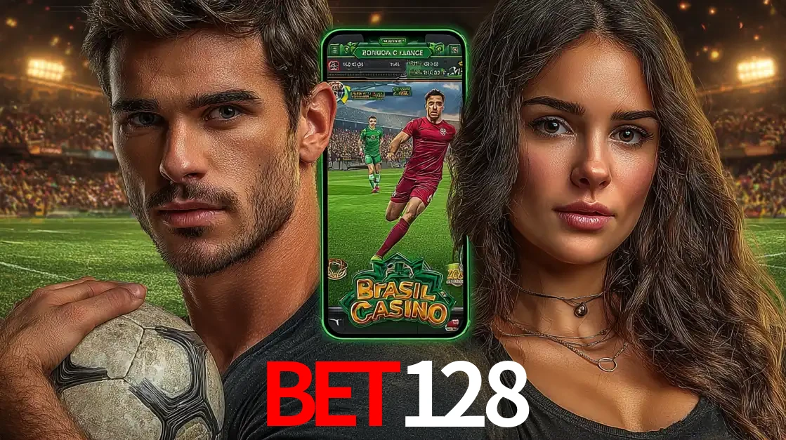 Homem segurando uma bola de futebol e uma mulher ao lado de um smartphone exibindo o jogo de apostas esportivas da bet128. Faça seu palpite no cassino online.